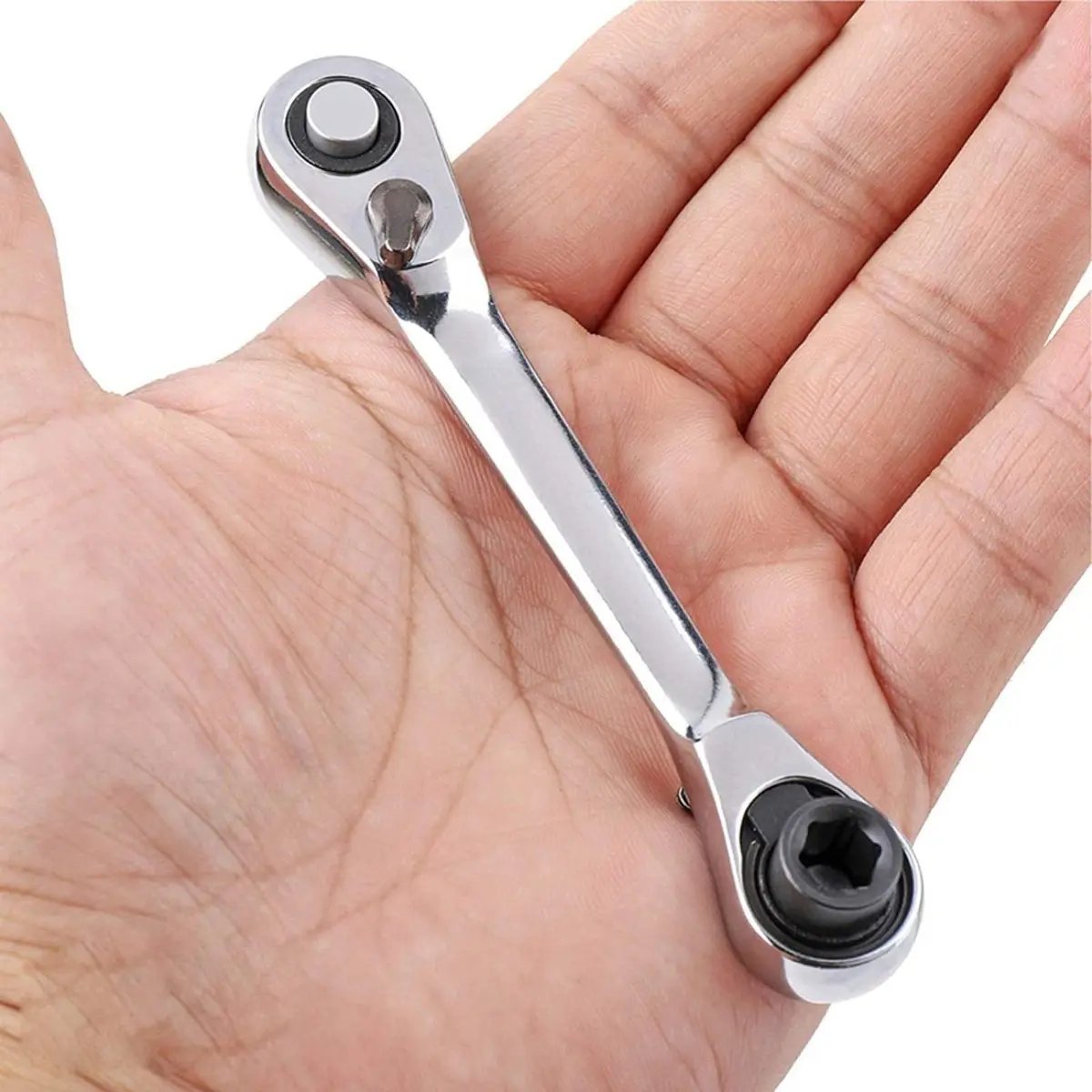 1/4 Inch Mini Double Headed Ratchet Wrench Silver 72-Tooth 5° Quick Release Drive Socket Tool